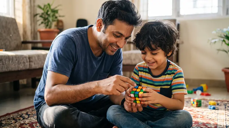 Picture made by AI: a man and a young boy smiling over a puzzle cube